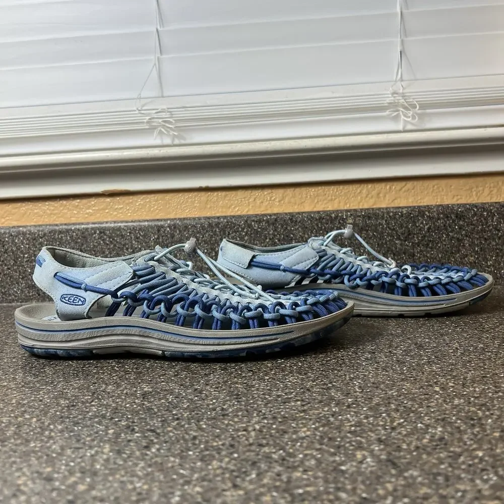 Keen Uneek Sandals Women's Sz 10.5 Blue Woven Bungee Lacing Hiking Trail Slip On